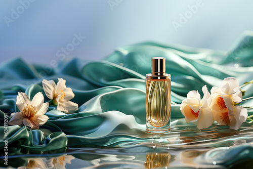 Durchscheinende Parfüm Flakon umrahmt von grüner Seide und dekoriert mit Wasserlilie und Seerosenblüte, spiegelt sich in Wasser, mit Textfreiraum