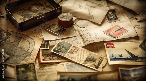 Creative background image of a pile of letters and stamps