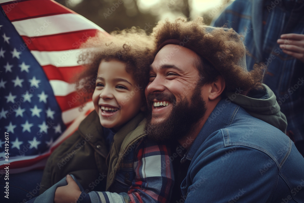 Excited child sitting with american flag on shoulders of father reunited with family. High quality photo Excited child sitting with american flag on shoulders of father reunited with family. High quality photo