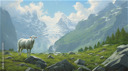 sheep grazing high in the mountains on a green hill with rocks in snow in the background, wildlife drawing with pairs of hoofed animals, created with Generative AI Technology. © Александр Беспалый