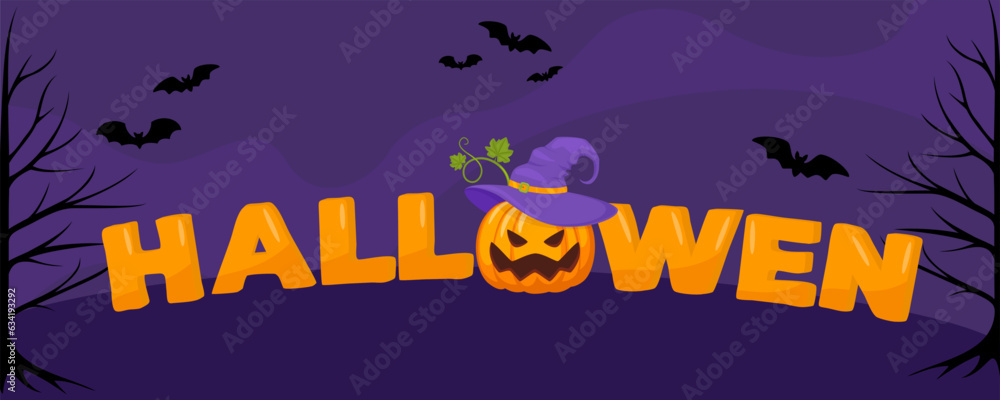 Halloween banner with letters and holiday symbols pumpkin bats. Design for banner, voucher, offer, coupon, holiday sale. Vector illustration.