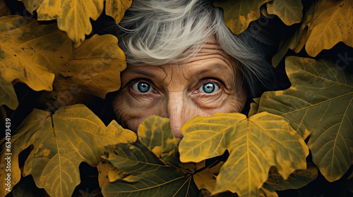 Eine betagte Frau schaut mit leerem Blick durch Herbsblätter, die zum großteil Ihr Gesicht bedecken.
Symbolisch für Depression, Demenz, Alzheimer-Krankheit. photo