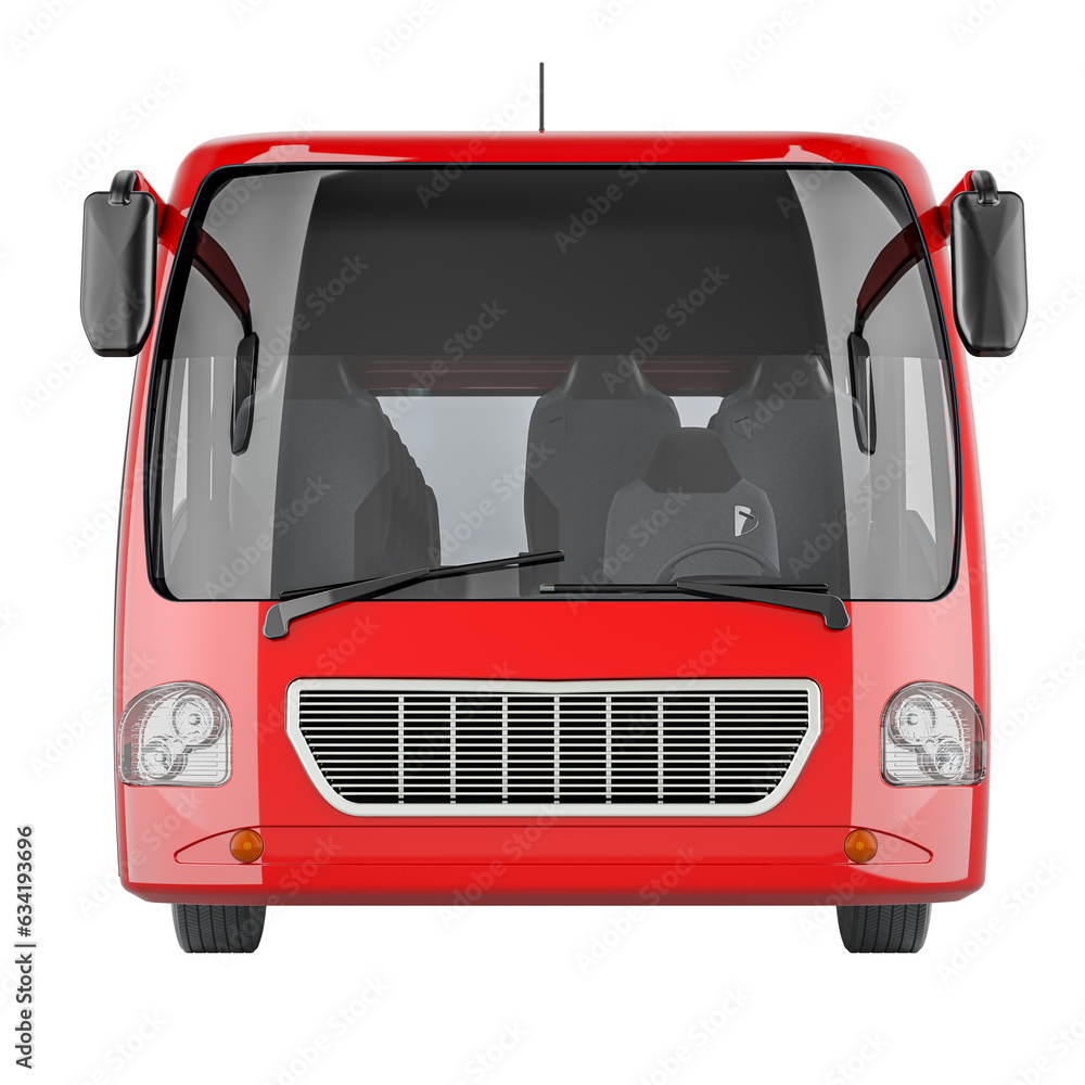 Red bus, front view. 3D rendering isolated on transparent background