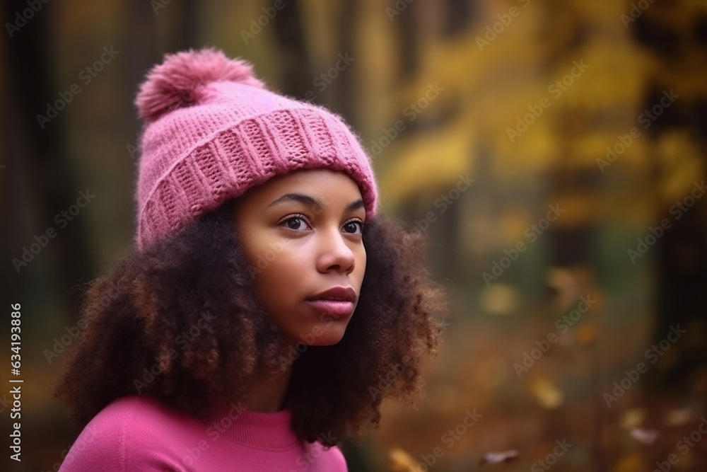 Pretty young afro-american woman in a pink knitted cap in an autumn park, copyspace. Generative AI Pretty young afro-american woman in a pink knitted cap in an autumn park, copyspace. Generative AI