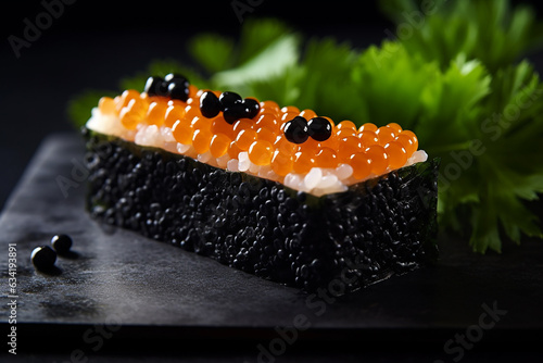 Original sushi roll decorated with red and black caviar. Generative AI photo