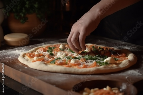 Human hands closeup preparing homemade pizza, closeup. Generative AI