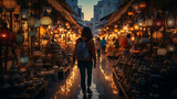 Golden Sunset at Foreign Lamp Market, Capturing the Essence of Travel Abroad, Backpack - Generative AI