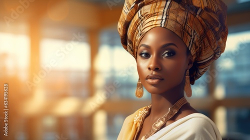 Beautiful african woman in traditional headdress, blurred office background