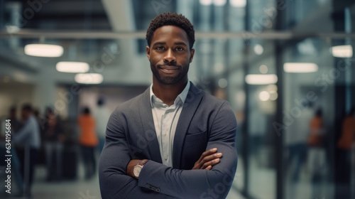Young confident black man in front of a blurred modern office © brillianata