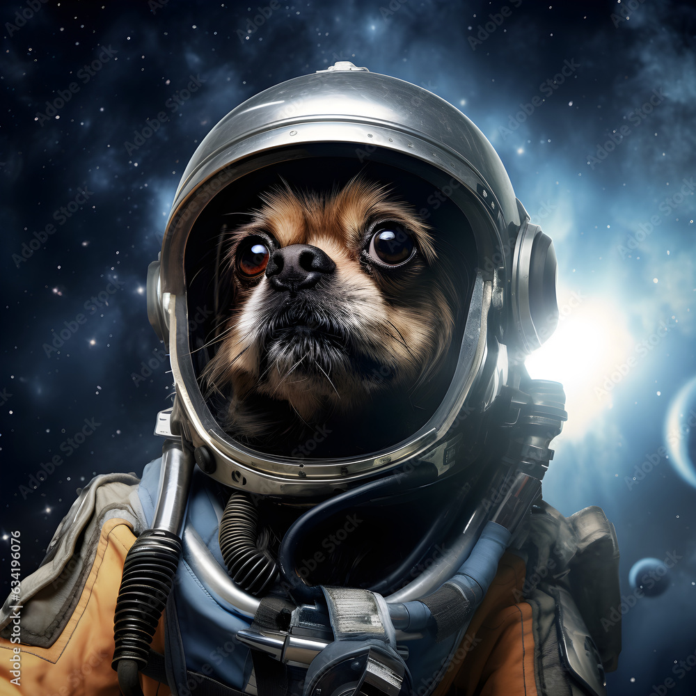 Hyper Realistic Astronaut  Dog in full helmet floating in space 