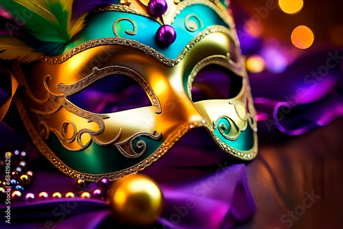 Close up on a golden Mardi Gras masquerade mask. Table with venetian carnival accessories.