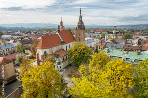 Aerial view of the Nowy Sacz old town at sunrise, Poland photo