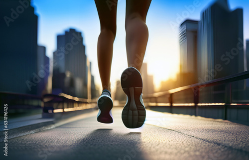 Woman jogging in the city at sunrise. Feet of runner woman running with shoes on the road close-up. Sport healthy lifestyle concept.