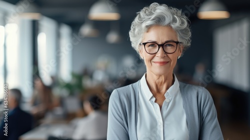 Smiling confident stylish mature middle aged woman standing at office