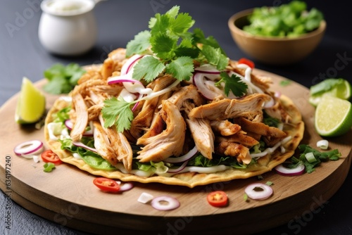 tostada with chicken on a wooden board.Mesican, Latin American cuisine photo