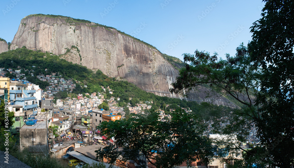 Brazil: the mountains and skyline of Rocinha, the famous favela in the southern area of ​​Rio de Janeiro, the largest slum in the country between Gavea, Sao Conrado and Vidigal districts 