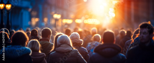 Blurred crowd of unrecognizable at the street at sunset. crowd of people in a shopping street