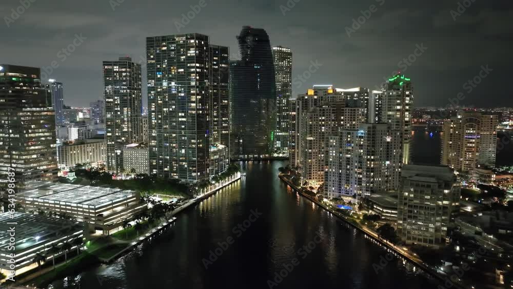 Aerial shot of the tall buildings downtown Miami Florida at night