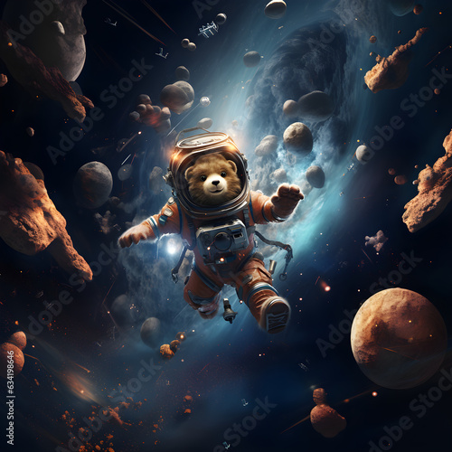 Hyper realistic rocket bear in full helmet floating in space 