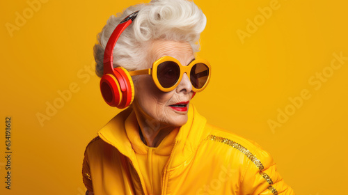 Stylish grandmother in a tracksuit. Healthy lifestyle in old age. Yellow background