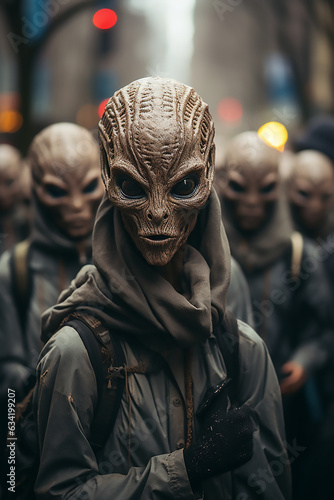 Canvas Print aliens in the city group of extraterrestrials invasion concept