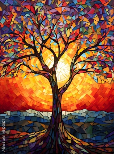 Illustration of a stained-glass tree in the autumn forest