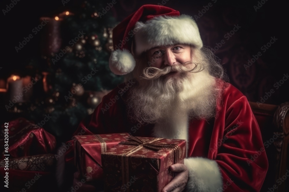 Santa Claus at home holding christmas gifts surrounded by Christmas decorations