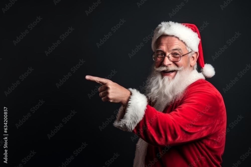 Cheerful Santa Claus pointing to blank space on dark background Cheerful Santa Claus pointing to blank space on dark background
