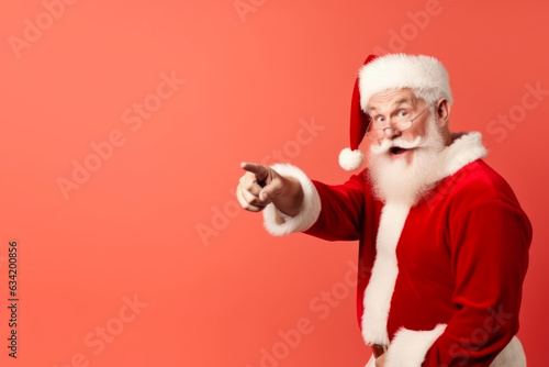 Santa Claus with happy and surprised expression pointing to blank space on colored background