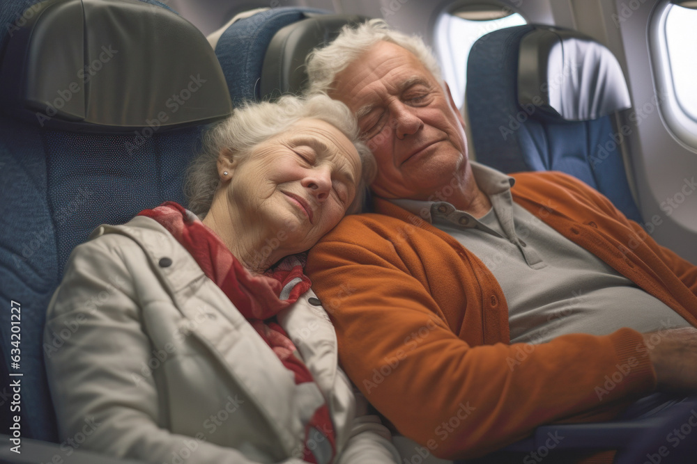 An elderly couple relaxing and sleeping on the airplane while it's flying, enjoying the sensation of being in the clouds
