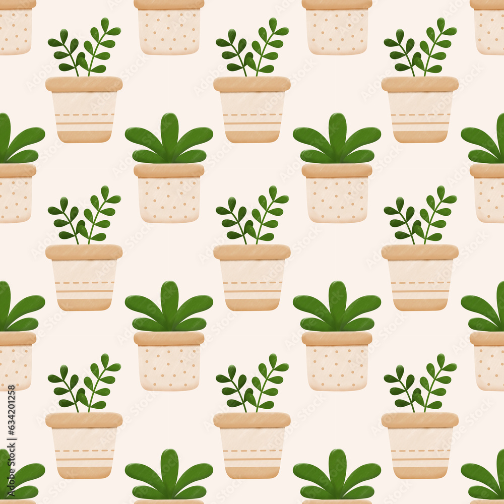 Obraz premium Cute seamless pattern with potted plant illustration for fabric, wallpaper, paper, background