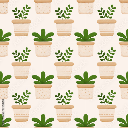 Cute seamless pattern with potted plant illustration for fabric, wallpaper, paper, background