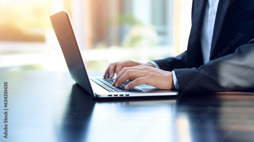Generative AI, hands typing on a laptop, office work, remote work, computer, screen, keyboard, businessman, internet, coworking Generative AI, hands typing on a laptop, office work, remote work, computer, screen, keyboard, businessman, internet, coworking