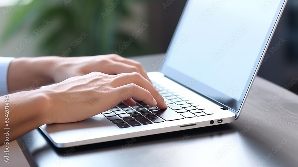 Generative AI, hands typing on a laptop, office work, remote work, computer, screen, keyboard, businessman, internet, coworking Generative AI, hands typing on a laptop, office work, remote work, computer, screen, keyboard, businessman, internet, coworking