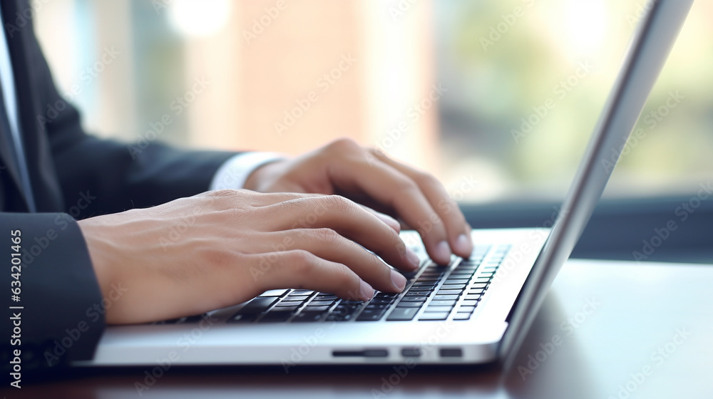 Generative AI, hands typing on a laptop, office work, remote work, computer, screen, keyboard, businessman, internet, coworking Generative AI, hands typing on a laptop, office work, remote work, computer, screen, keyboard, businessman, internet, coworking