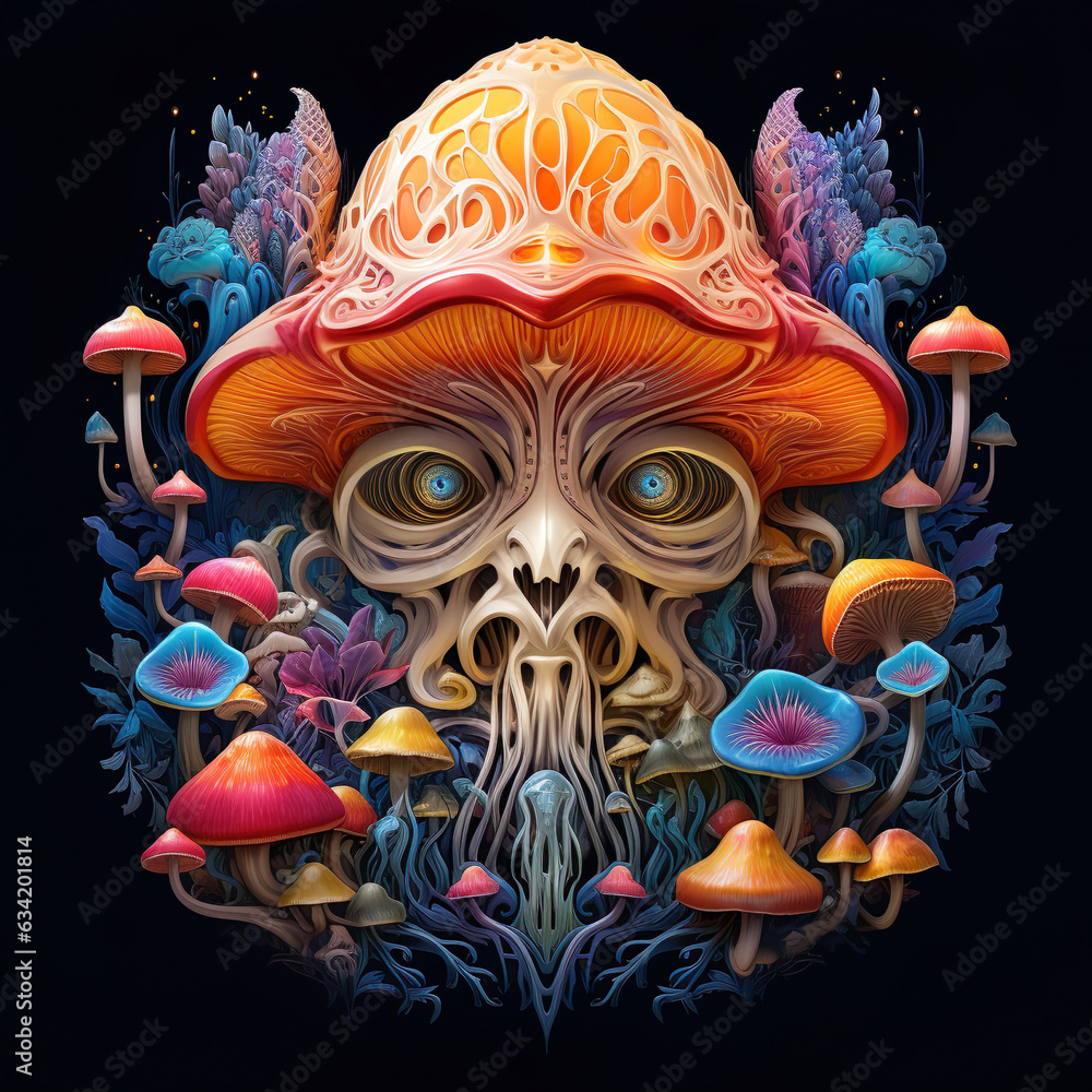 Representation in a logo format of a psychedelic landscape with magic mushrooms and wizards