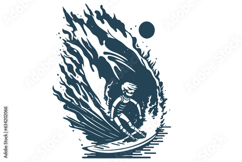 Surfing on a wave in the ocean. Surf rider on big waves. Surfer vector illustration design for t shirt print or club banner.