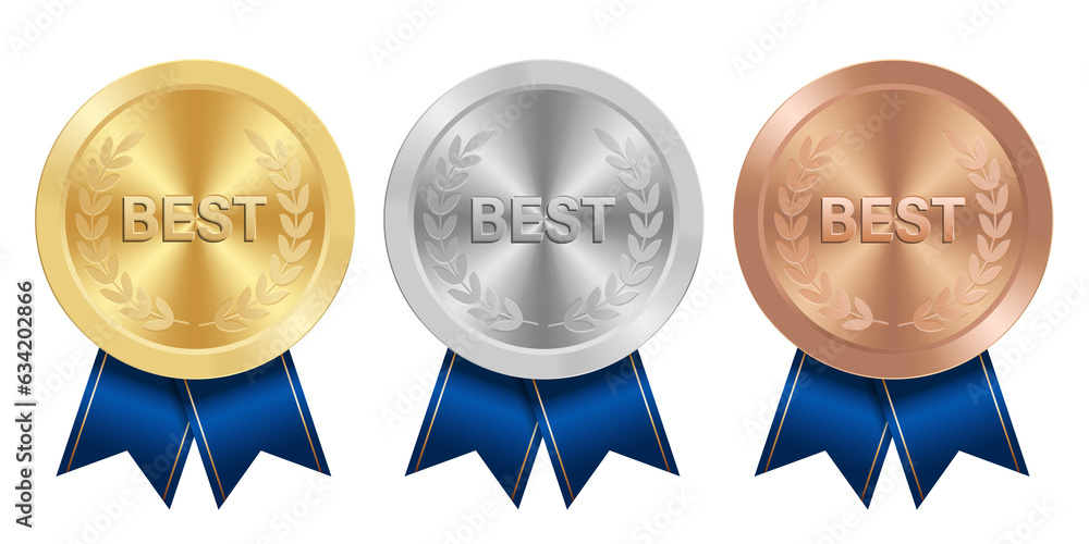 Golden silver and bronze BEST award sport medal with blue ribbons Golden silver and bronze BEST award sport medal with blue ribbons