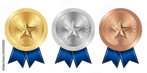 Golden silver and bronze award sport medal with blue ribbons and star