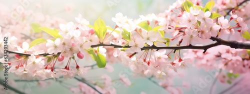 Pink and white blooms on a fruit tree in the springtime with defocused blur bokeh background © James Ellis