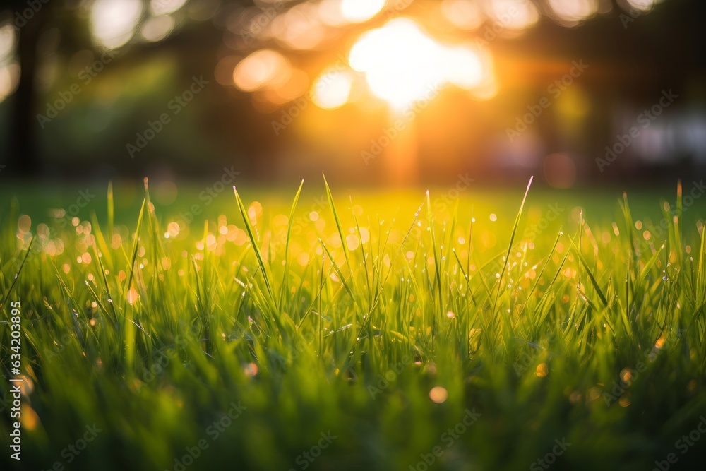 Green grass and defocused sun rays through forest background