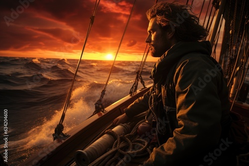 Horizon's Melody: An Intimate View of a Silhouetted Solo Sailor, Adjusting Boat Sails in the Golden Grasp of Oceanic Sunset, Eyes Fixed on the Enigmatic and Boundless Tomorrow Generative AI