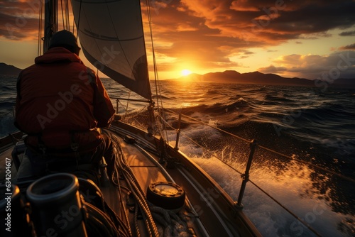 Sailing into Sunset's Embrace: An Evocative View of a Solo Sailor's Silhouette Tending to the Boat's Sails Against the Lustrous Oceanic Sunset, Gazing Toward the Vast, Uncharted Horizon Generative AI