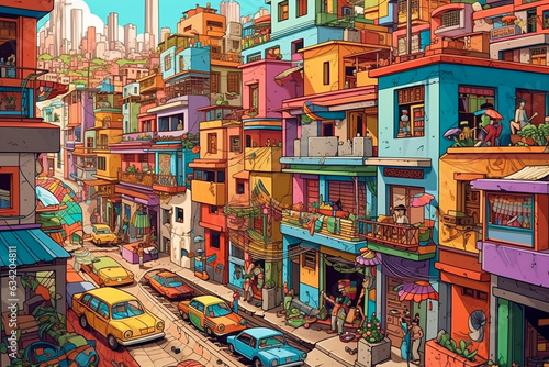 Illustration of a colorful neighborhood in Caracas.