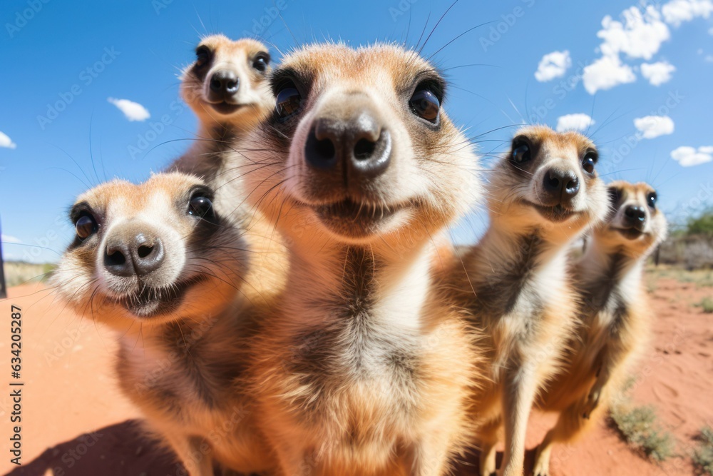 Curious Meerkats group with Happy Expressions Looking at GoPro Camera in the Savanna - obrazy, fototapety, plakaty 