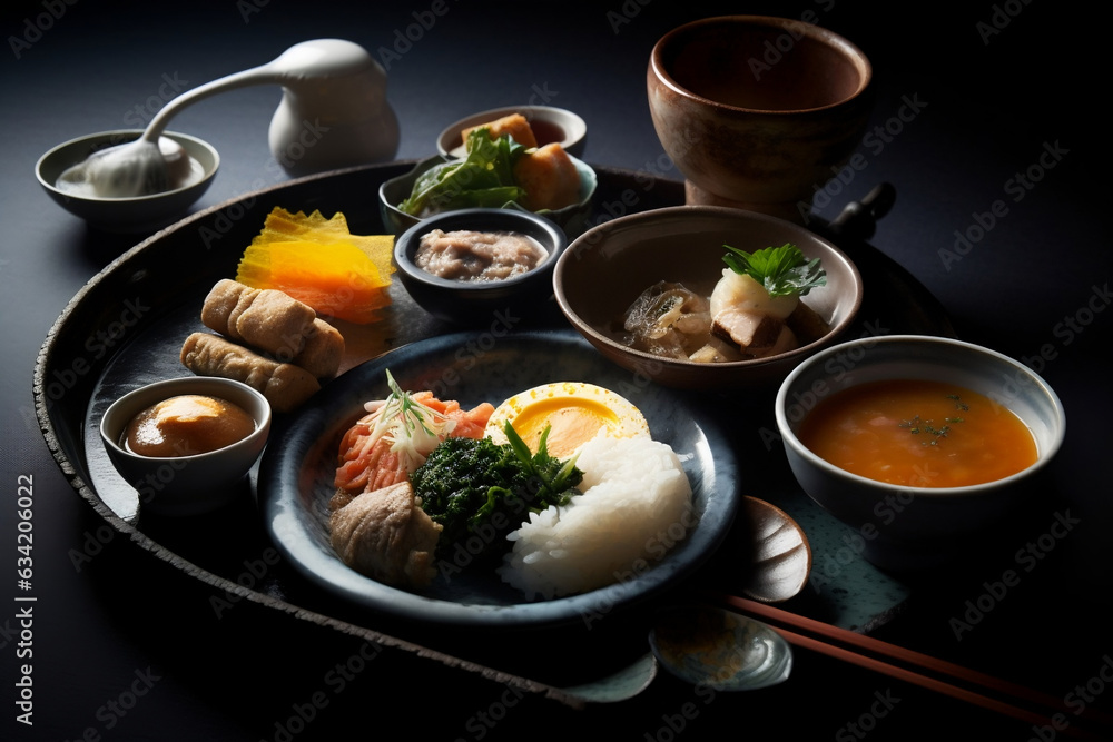 a closeup of a Japanese breakfast,, AI generated, Generative AI, AI Art, illustration, a closeup of a Japanese breakfast,, AI generated, Generative AI, AI Art, illustration,