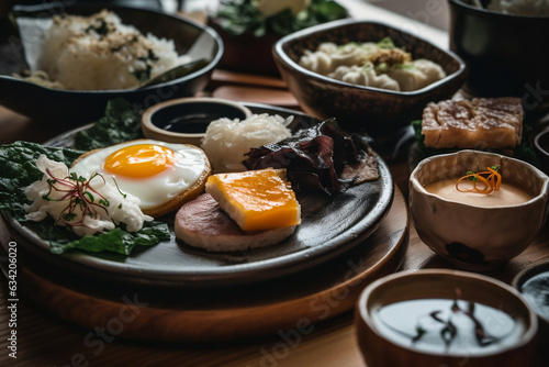 a closeup of a Japanese breakfast,, AI generated, Generative AI, AI Art, illustration,