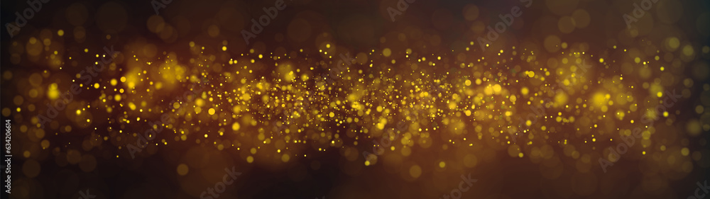 Elegant particles flow. Gentle stream of orange dust, magical snowfall, creative soft bokeh, fire sparks, ultra wide abstract background. 3d rendering