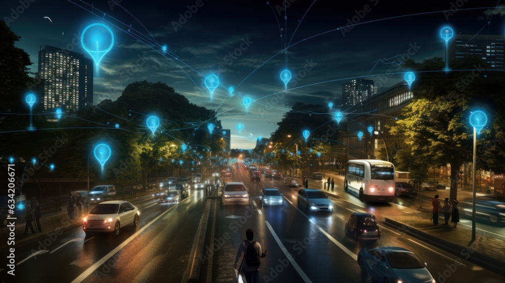 image that represents an IoT-enabled urban environment, where interconnected devices and sensors work together to optimize energy usage, traffic flow, and public services