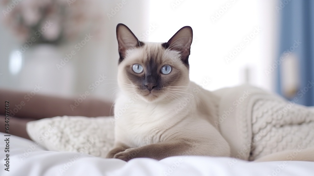 Siamese cat resting in the bed.